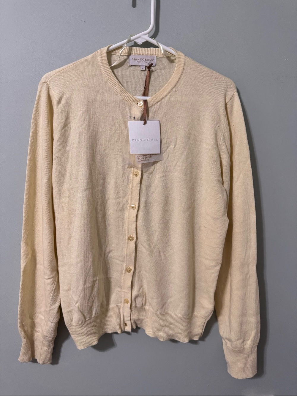 Women’s XL Cardigan Sweater Cashmere Silk Wool Blend Italy Bianco & Blu NWT